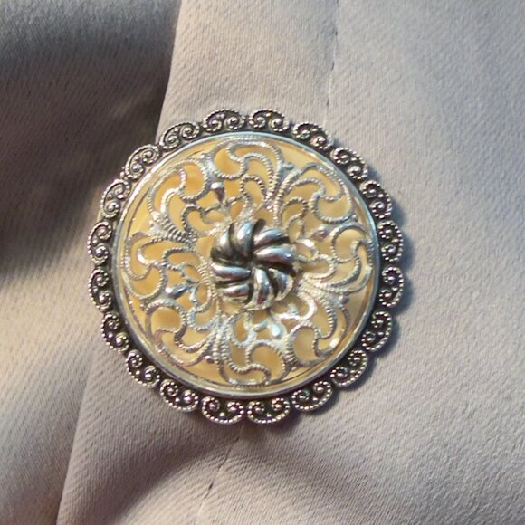 W Germany Jewelry - Scarf Clip W Germany Filigree Lucite Round Vintage Silver Tone 1.5”